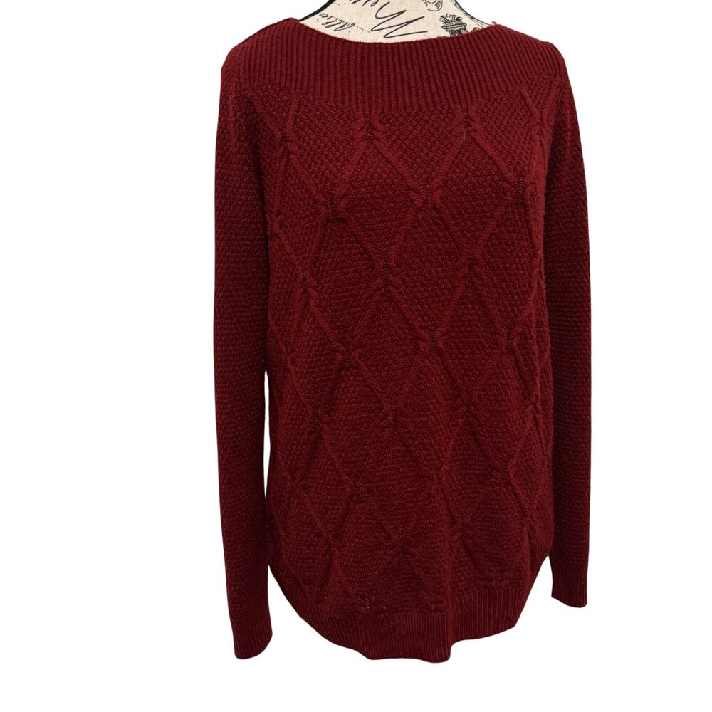 Hannah Womens XL Burgundy Maroon Diamond Cable Knit Boat Neck Sweater Pullover